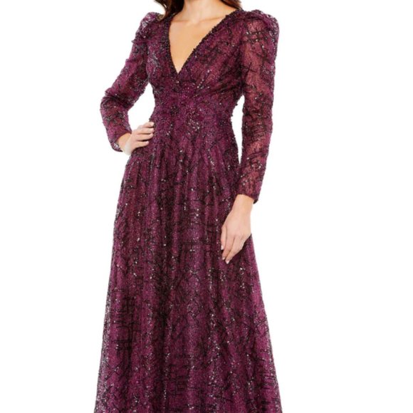 MAC DUGGAL EMBELLISHED V-NECK LONG SLEEVE A-LINE PLUM GOWN sz 12 - Picture 1 of 6